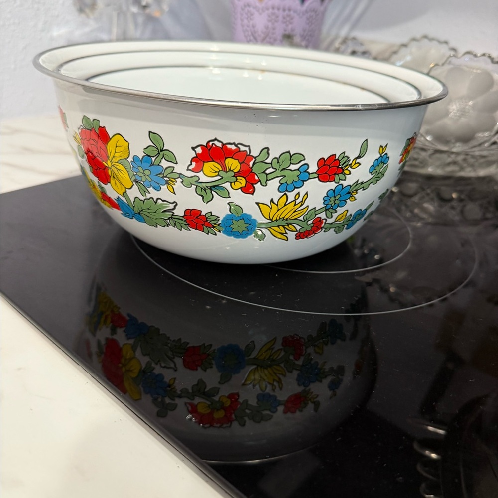Vintage Floral Enamel Bowl Says 1975